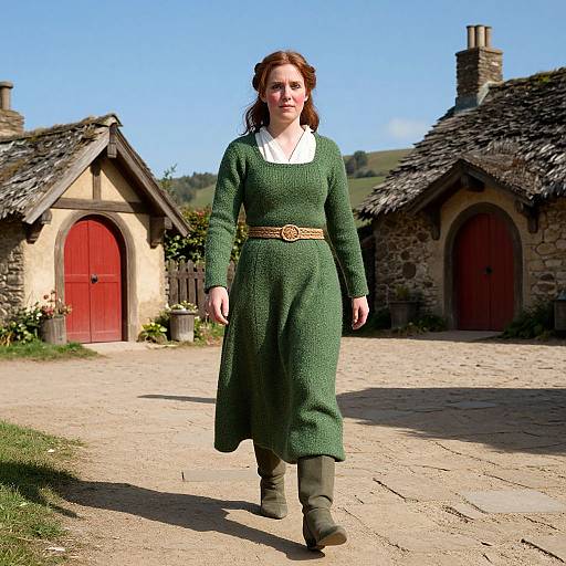Photograph of a red-haired woman in a green dress with a white collar, brown belt, and green boots, walking on a cobblestone path