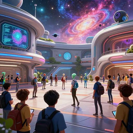 Digital art of a futuristic space station with glowing neon lights, colorful galaxy background, and diverse group of people in casual attire, standing and walking in a