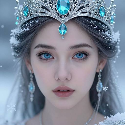 Photorealistic digital portrait of a fair-skinned, blue-eyed woman with silver hair, wearing a sparkling blue gemstone crown and earrings, surrounded by