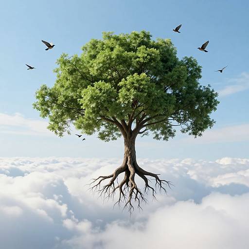 Photograph of a lush, green tree with visible roots floating above clouds, surrounded by flying birds against a bright blue sky.