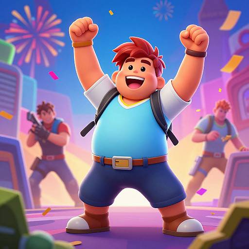 Cartoon-style illustration of a chubby, red-haired boy with raised fists, wearing a blue shirt, blue shorts, and backpack, celebrating amidst colorful fireworks