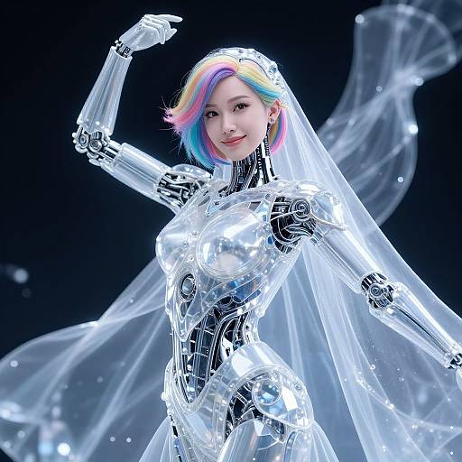 Digital artwork of a futuristic, transparent, female android with rainbow hair, wearing a flowing white veil, set against a dark background.