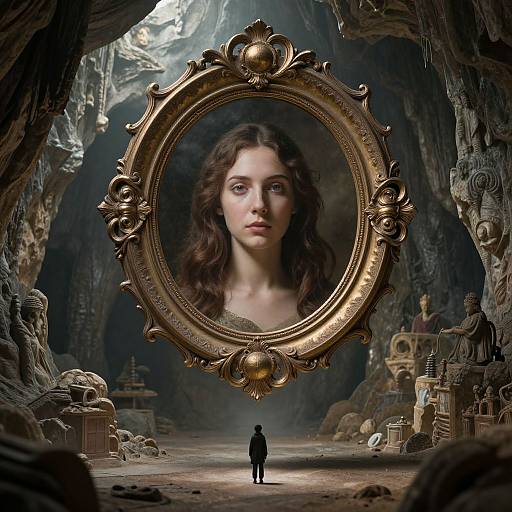 Digital artwork: Ornate gold frame with a portrait of a young woman with wavy brown hair, centered in a cavern filled with ancient statues and relics