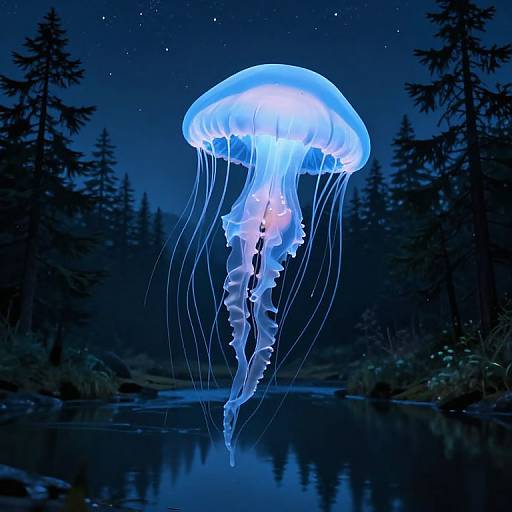 Photograph of a glowing blue jellyfish with translucent tentacles floating in a dark, starry forest lake at night.