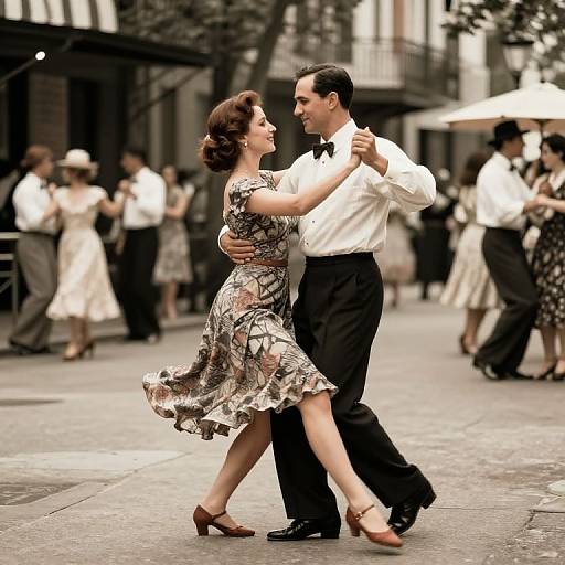 Photograph of a dancing couple in a vintage street setting, woman in floral dress, man in white shirt and black pants, surrounded by other dancers.