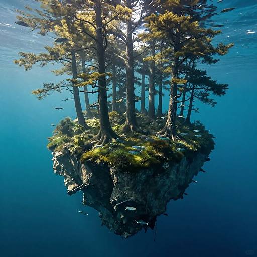 Photograph of a sunlit, moss-covered floating island in a deep blue ocean, featuring tall pine trees and small fish swimming beneath.