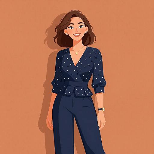 Chic Woman in Navy Polka Dot Jumpsuit
