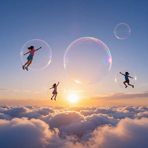 Photograph of three children silhouetted against a sunset sky, jumping with large, iridescent soap bubbles above a sea of fluffy clouds.