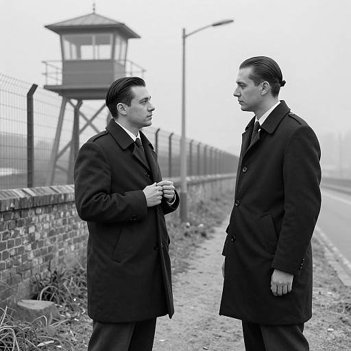 Mysterious Duo in Foggy Landscape