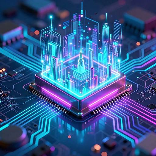 Neon blue and purple digital cityscape on a glowing, futuristic circuit board, with vibrant lines and illuminated skyscrapers. Cyberpunk CGI art.