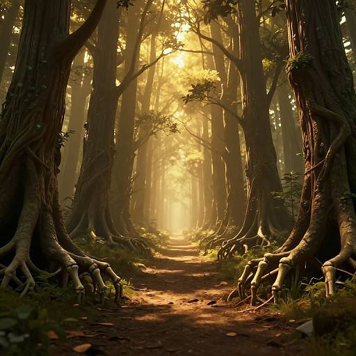 Photorealistic CGI of a sunlit, mystical forest path with towering trees, exposed roots, and golden sunlight filtering through dense foliage.