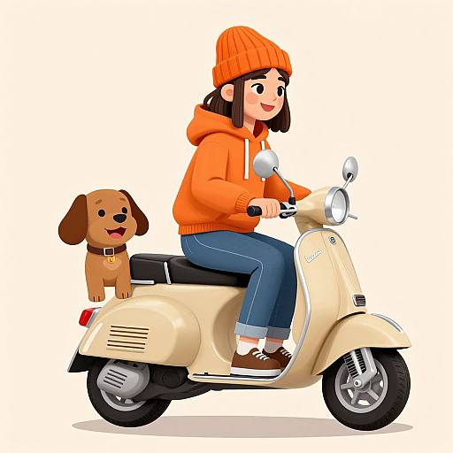 Cheerful Woman on Vespa with Dog