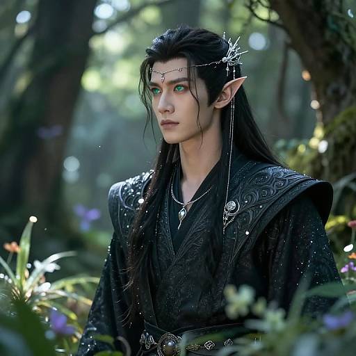 Photorealistic digital artwork of a slender, elf-like male with long black hair, green eyes, and pointed ears, wearing a detailed black robe,