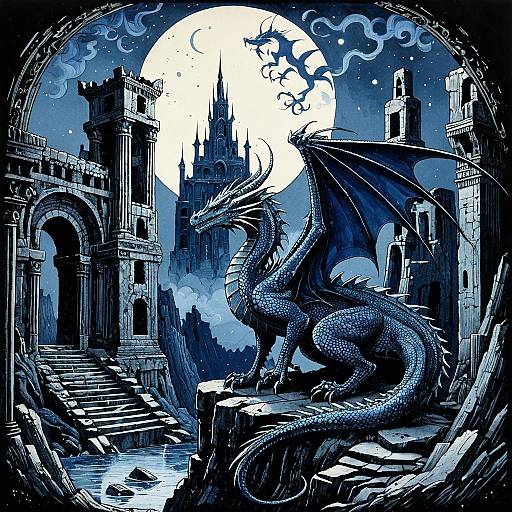 Muted Sapphire Dragon Among Ancient Ruins