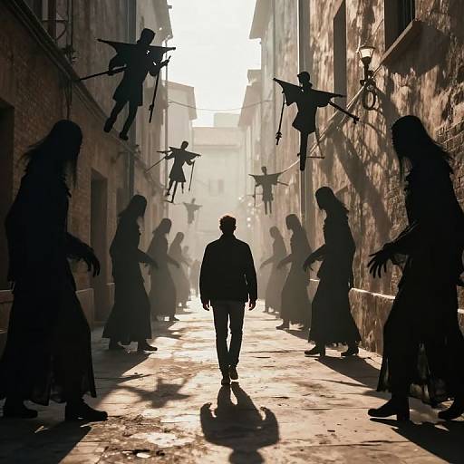 Solitary Walker Among Shadowy Guardians