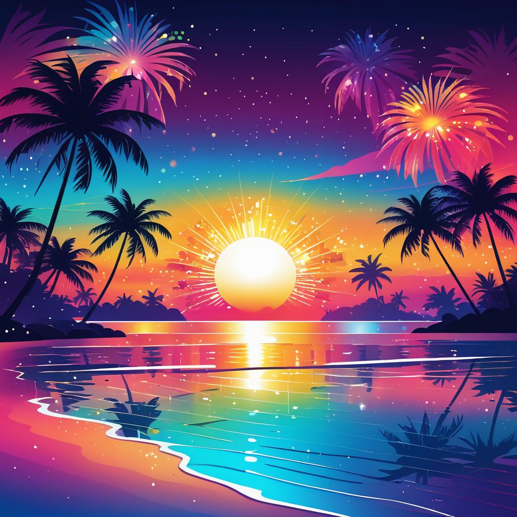 Serene Beach Sunset with Fireworks