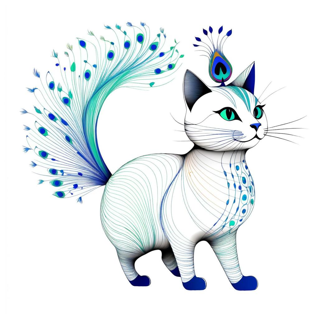 Whimsical Cat with Peacock Tail Sketch