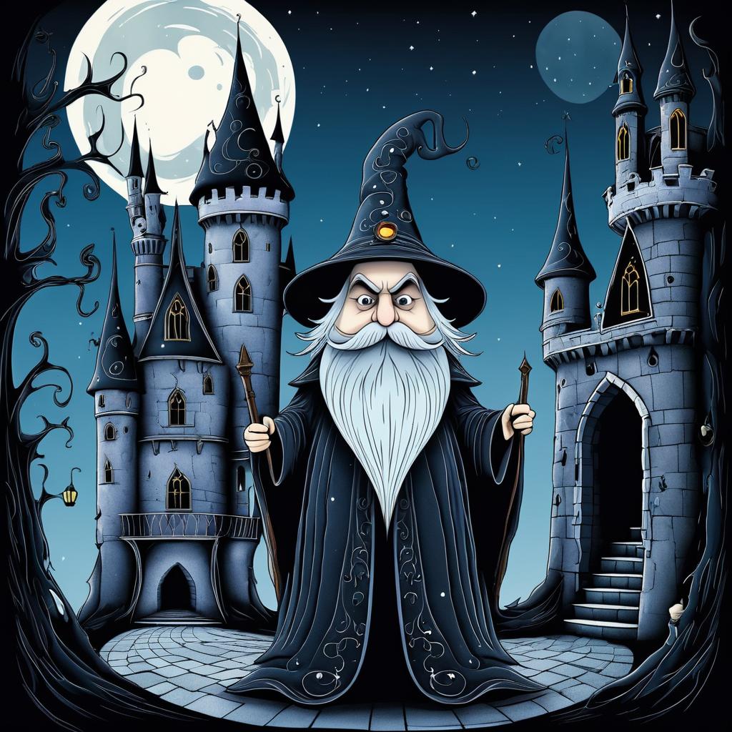 Whimsical Grumpy Wizard in Haunted Castle