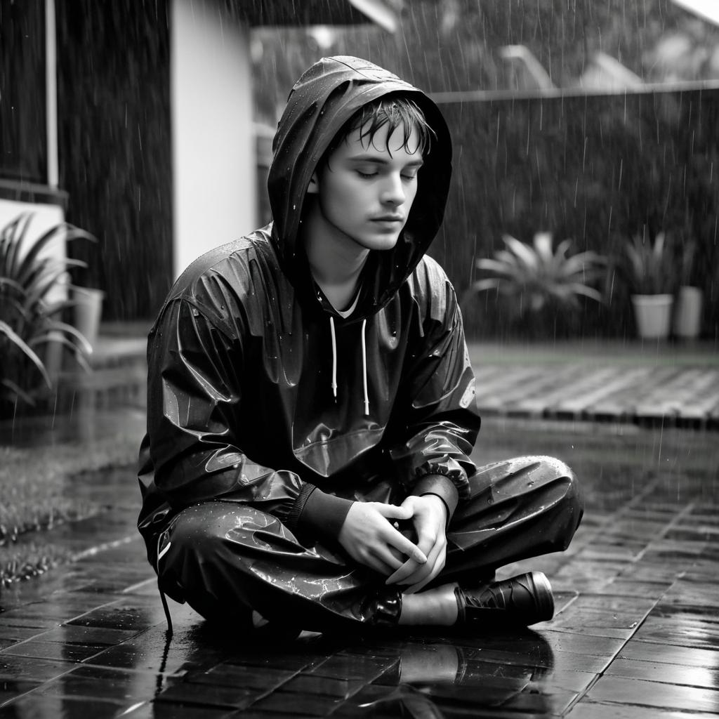 Young Man in Rain: Black and White Masterpiece