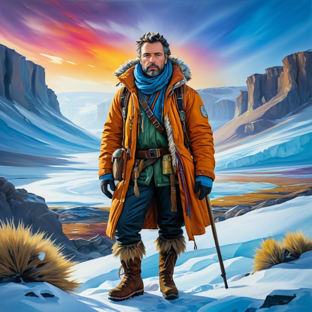 Stoic Explorer in Rugged Tundra Landscape