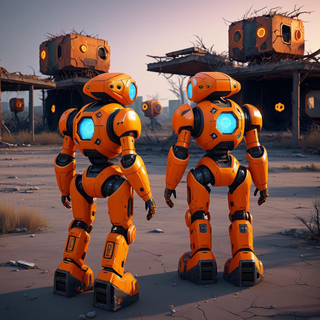 Post-Apocalyptic Orange Robots in Wasteland