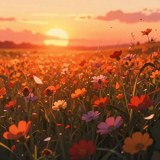 Photograph of a vibrant sunset over a field of red, orange, and purple wildflowers, with the sun casting a warm, golden glow.