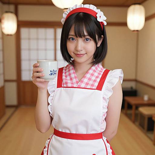 Photograph of a smiling Japanese woman with black bob hair, wearing a red and white maid outfit, holding a white mug, in a traditional wooden room
