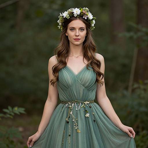 Photograph of a fair-skinned woman with long brown hair, wearing a green, V-neck, tulle dress adorned with gold embellishments, and