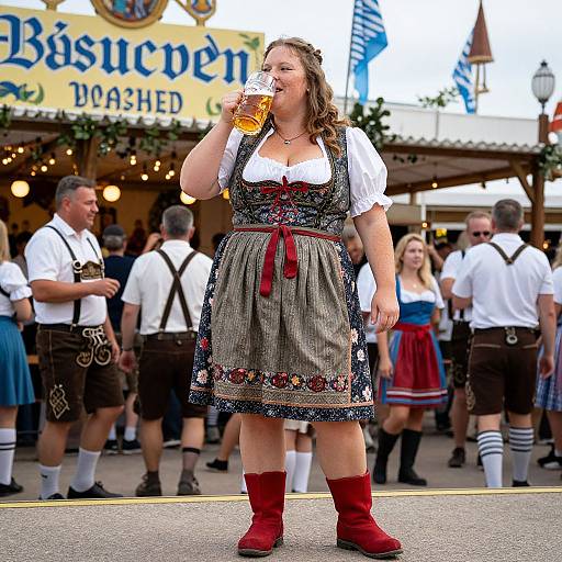 Photograph of a smiling, curvy woman in traditional Bavarian dress, red boots, drinking beer, surrounded by men in lederhosen at