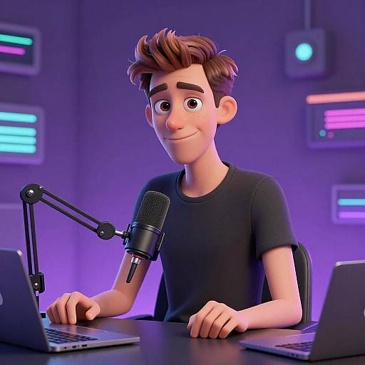 CGI cartoon of a smiling young man with brown hair, wearing a black shirt, recording at a purple-lit studio with a microphone, laptop,