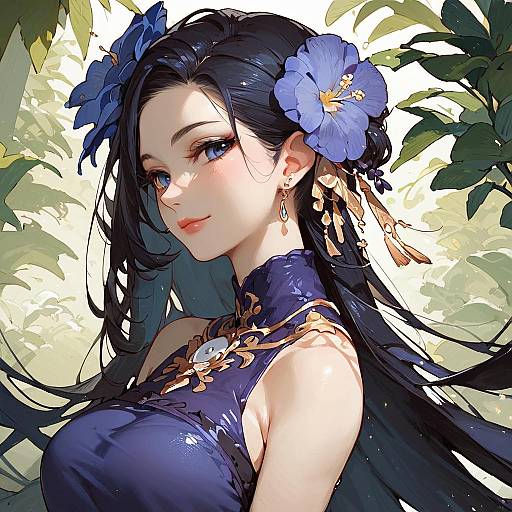 Digital anime-style portrait of a beautiful woman with long black hair, blue flower hairpiece, blue dress, and earrings, set against a bright, leaf