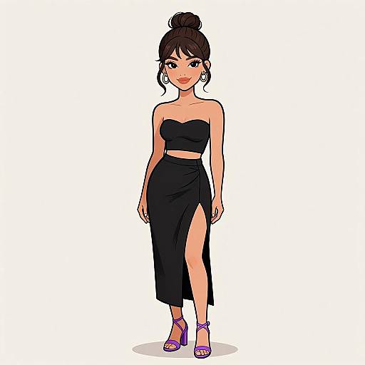 Digital illustration of a young woman with dark hair in a bun, wearing a black strapless crop top and high-slit skirt, purple high heels,