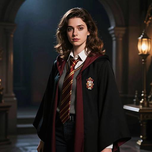 Photograph of a young woman with wavy brown hair, wearing a Hogwarts school uniform with a black robe, maroon scarf, and striped tie,