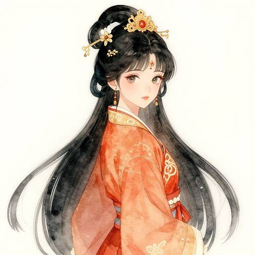 Digital anime-style illustration of a beautiful East Asian woman with long black hair, wearing a red kimono, gold hair ornaments, and red earrings, looking