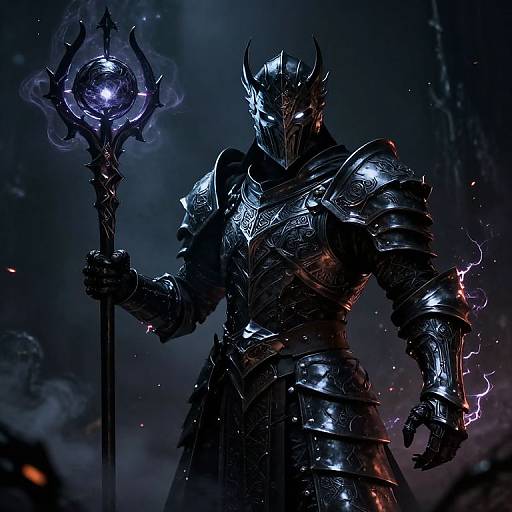 Digital artwork of a dark, armored, horned warrior holding a glowing, orb-topped staff, illuminated by purple and blue hues.