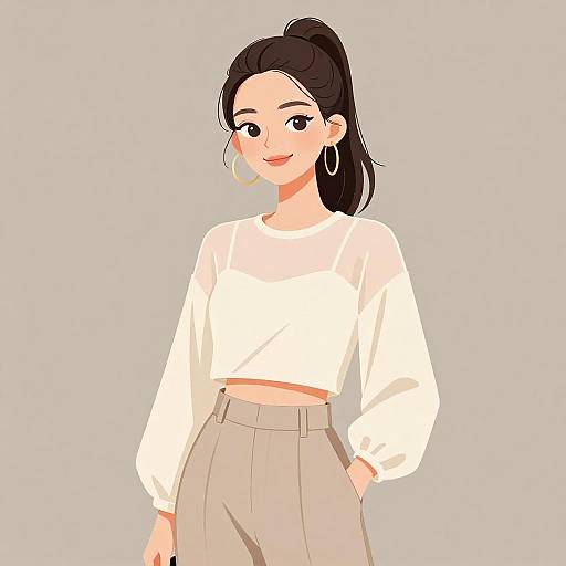 Digital anime-style drawing of a smiling woman with black hair in a ponytail, wearing a white crop top and high-waisted beige pants, large