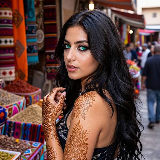 Photograph of a beautiful woman with long black hair, green eyes, and intricate henna tattoos, standing in a vibrant, colorful spice market.