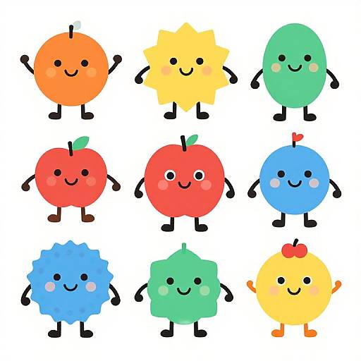Cartoon-style digital illustration of nine colorful fruit characters with smiling faces, arms, and legs, arranged in a 3x3 grid.