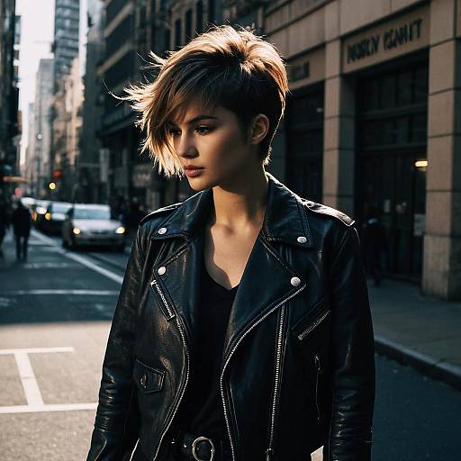 Young Woman with Choppy Cut Hairstyle in Leather Jacket