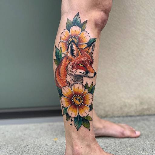 Vibrant Fox and Flower Leg Tattoo