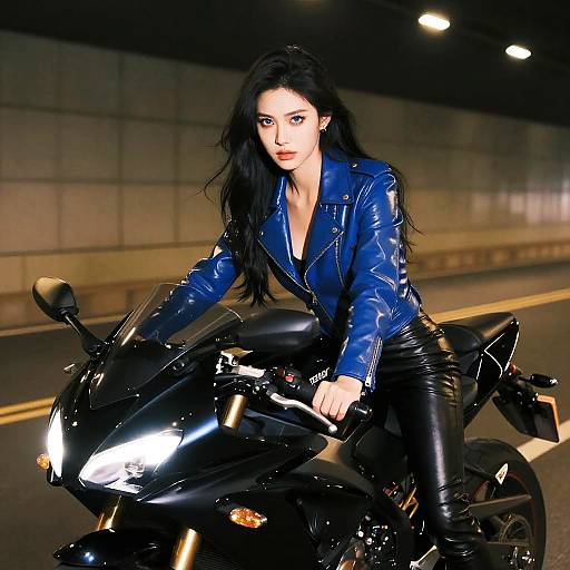 Photograph of a fierce, pale-skinned woman with long black hair, wearing a shiny blue leather jacket and black leather pants, riding a sleek black