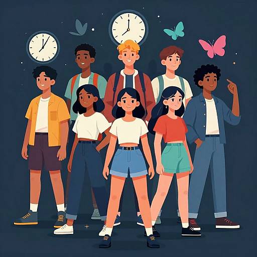 Digital illustration of diverse group of seven teenagers standing together, wearing casual clothes, in front of two clock faces and butterflies.