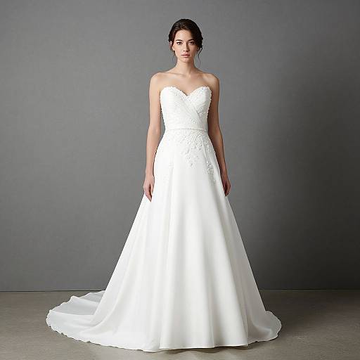 Photograph of a fair-skinned woman with dark hair in an elegant white strapless wedding gown with a sweetheart neckline, standing against a gray background.