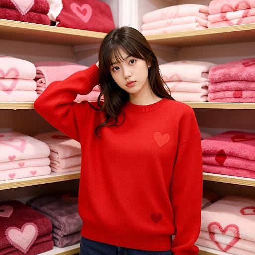 Photograph of an Asian woman with long black hair, wearing a red heart-embroidered sweater, standing in a brightly lit store with pink and