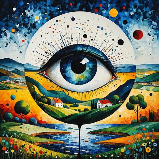 Surreal Floating Eye Over Colorful Landscape