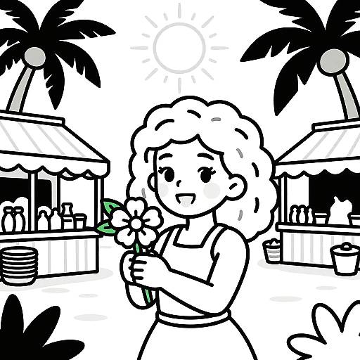 Cartoon-style drawing of a smiling, curly-haired child eating a green fruit in a tropical setting with palm trees and beachside buildings.