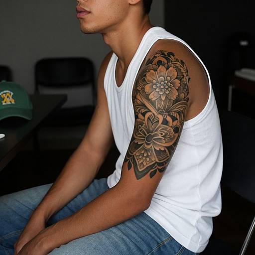 Photograph of a man with medium brown skin, wearing a white tank top, showcasing a detailed black and brown floral tattoo on his right shoulder, sitting