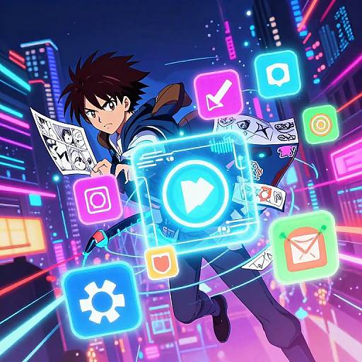Anime-style digital illustration of a black-haired boy in a blue jacket, surrounded by glowing neon cityscape icons, floating in mid-air.