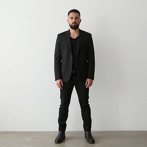 Photograph of a bearded man with short black hair, wearing a black suit, black shirt, and black boots, standing against a plain white wall