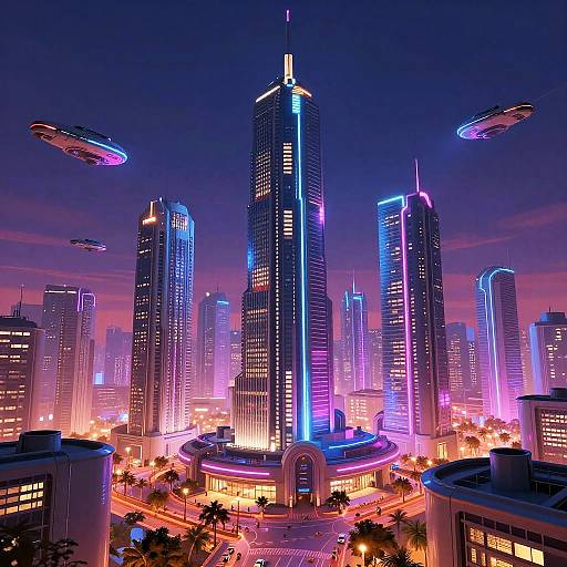 Neon-lit futuristic cityscape at night, featuring towering skyscrapers with purple and blue lights, hovercraft in the sky, and a brightly